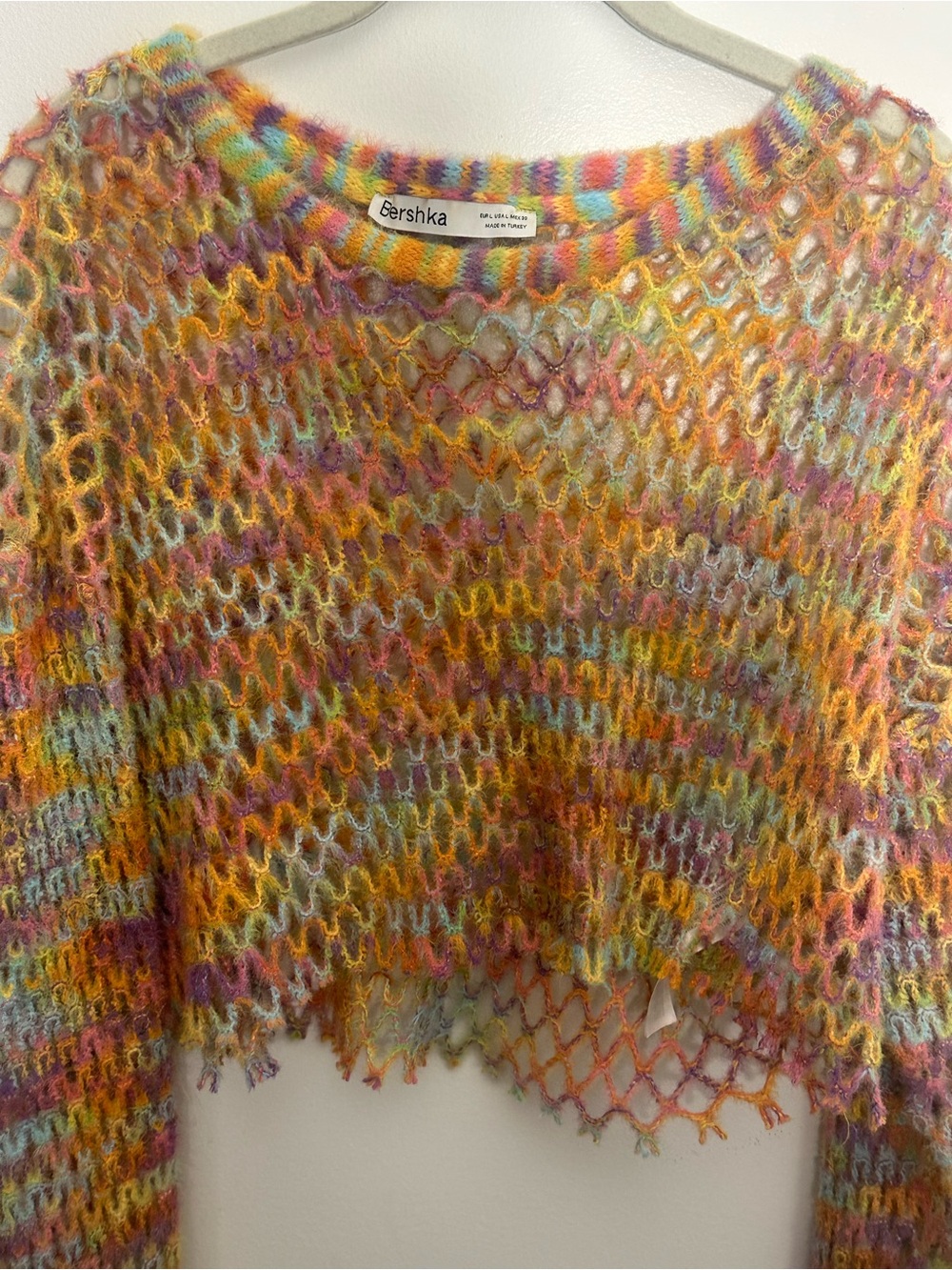 Bershka Rainbow BoHo Crochet Knit Crop Sweater Sz L Open Weave Fringe Hem